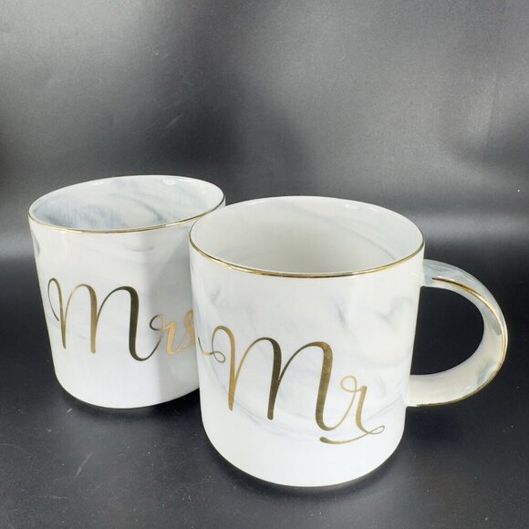 Mr & Mrs Coffee Mug Cup Set Ceramic Marble Coloring Gold Edges Wedding Gift Mugs - Picture 12 of 13